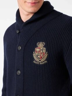 MC2 Saint Barth Man Shawl Collar Blue Ribbed Cardigan With Pockets And Patch -MC2 Saint Barth Shop cardigan ribbed man blue 3