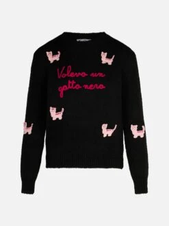 MC2 Saint Barth Woman Crewneck Soft Sweater With Cats Crochet Patch And Volevo Un Gatto Nero Embroidery -MC2 Saint Barth Shop cat patches sweater woman 4