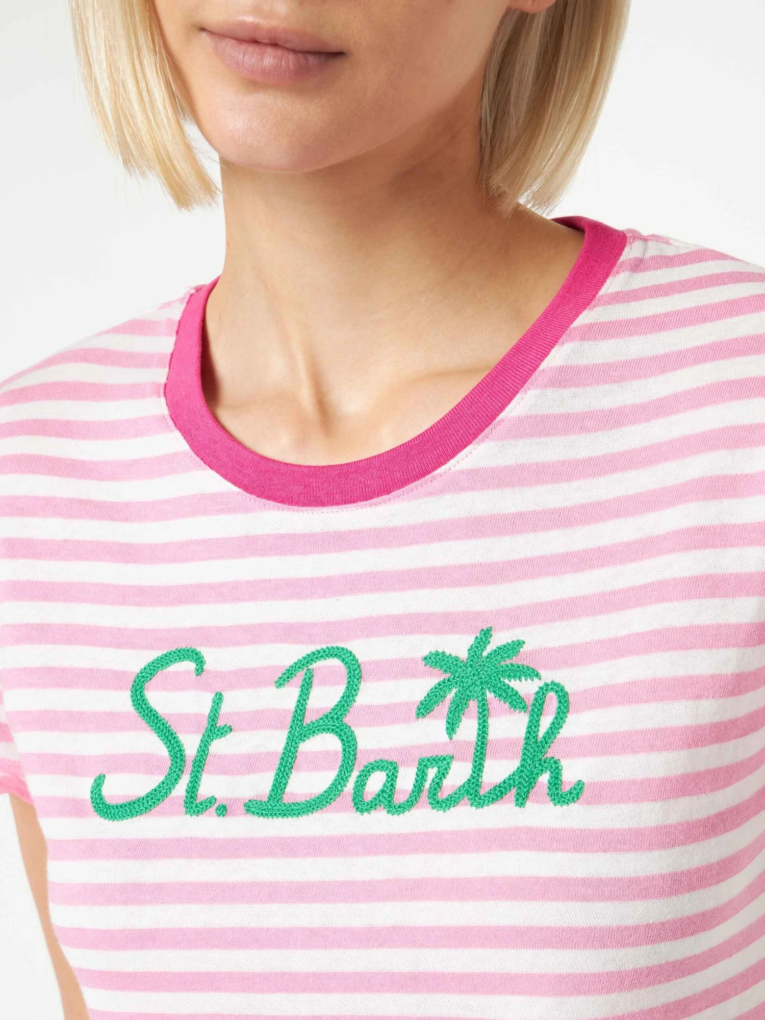 MC2 Saint Barth Fucsia Striped Cotton T-shirt With St. Barth Embroidery 4 MC2 Saint Barth Fucsia Striped Cotton T-shirt With St. Barth Embroidery - Image 2