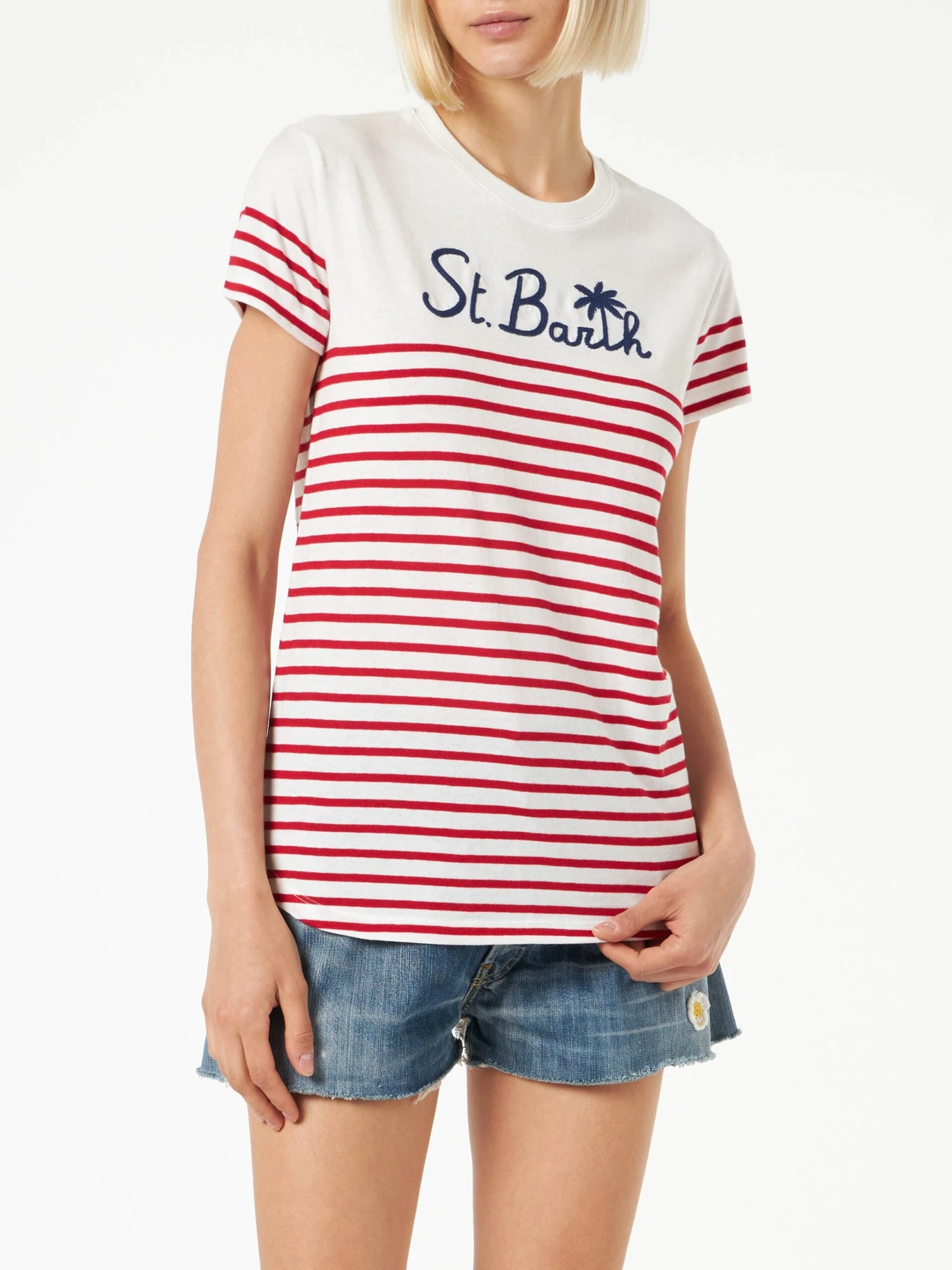 MC2 Saint Barth Red Striped Cotton T-shirt With St. Barth Embroidery