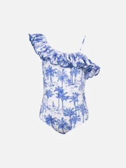MC2 Saint Barth Girl Ruffled One Piece Carin Swimsuit With Toile De Jouy Print