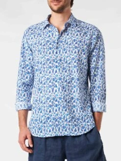 MC2 Saint Barth Man Muslin Cotton Sikelia Shirt With Blue Leaves Print