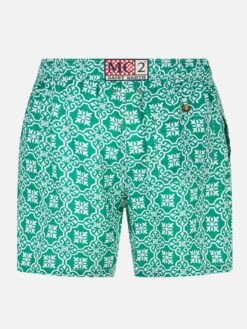 MC2 Saint Barth Man Linen Swim Shorts With Patterned Print -MC2 Saint Barth Shop linen maiolica swimshorts man 2
