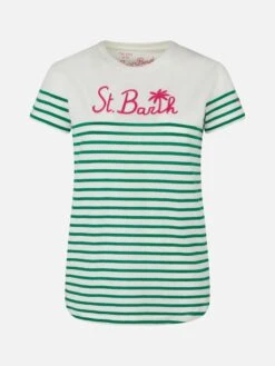 MC2 Saint Barth Green Striped Cotton T-shirt With St. Barth Embroidery -MC2 Saint Barth Shop linen shirt striped embroidery 4
