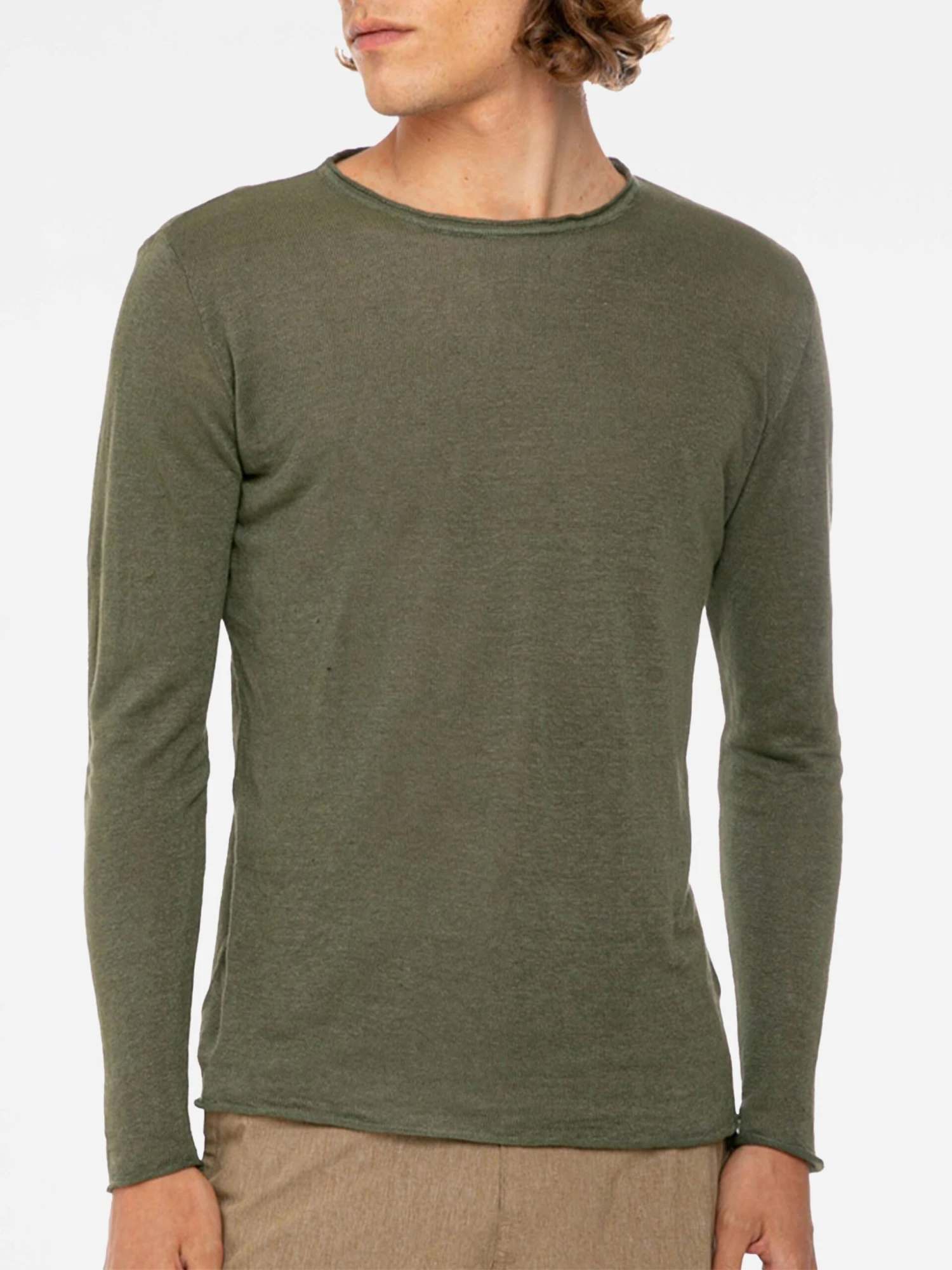Military Green Linen Man T-Shirt Long Sleeves 3 Military Green Linen Man T-Shirt Long Sleeves