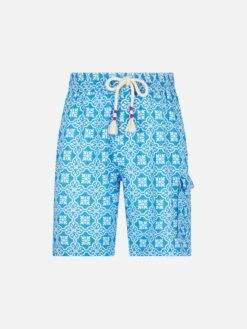 MC2 Saint Barth Man Linen Bermuda Shorts With White And Light Blue Majolica Print -MC2 Saint Barth Shop maiolica linen bermuda man 4