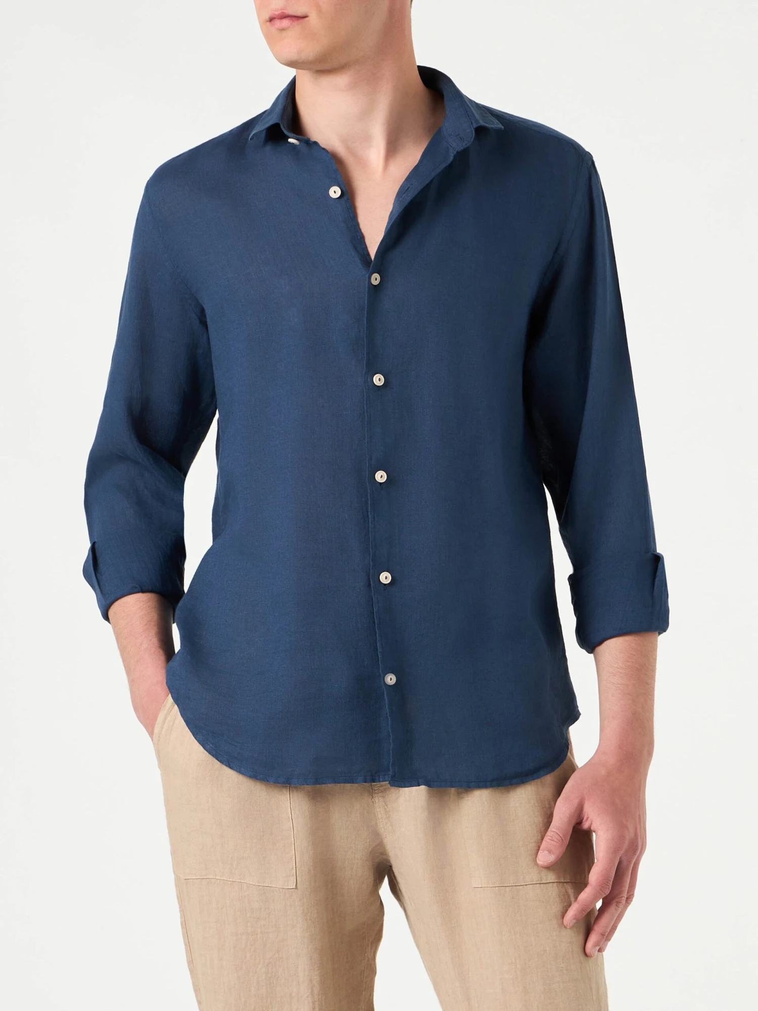 MC2 Saint Barth Man Blue Navy Linen Pamplona Shirt 3 MC2 Saint Barth Man Blue Navy Linen Pamplona Shirt