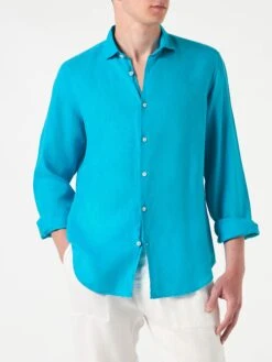 MC2 Saint Barth Man Turquoise Linen Pamplona Shirt