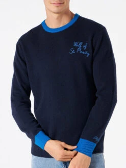 MC2 Saint Barth Man Navy Blue Sweater With Wolf Of St. Moritz Embroidery