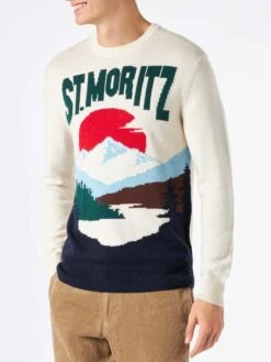 MC2 Saint Barth Man Sweater With St.Moritz Postcard Jacquard