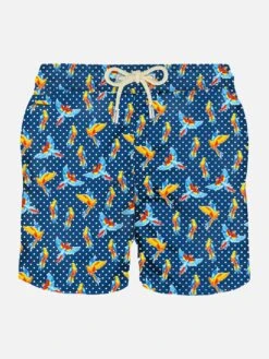 Man Light Fabric Swim Shorts With Tropical Birdies Print