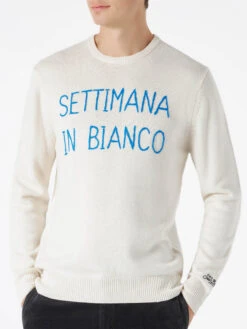 MC2 Saint Barth Man White Sweater With Settimana In Bianco Embroidery