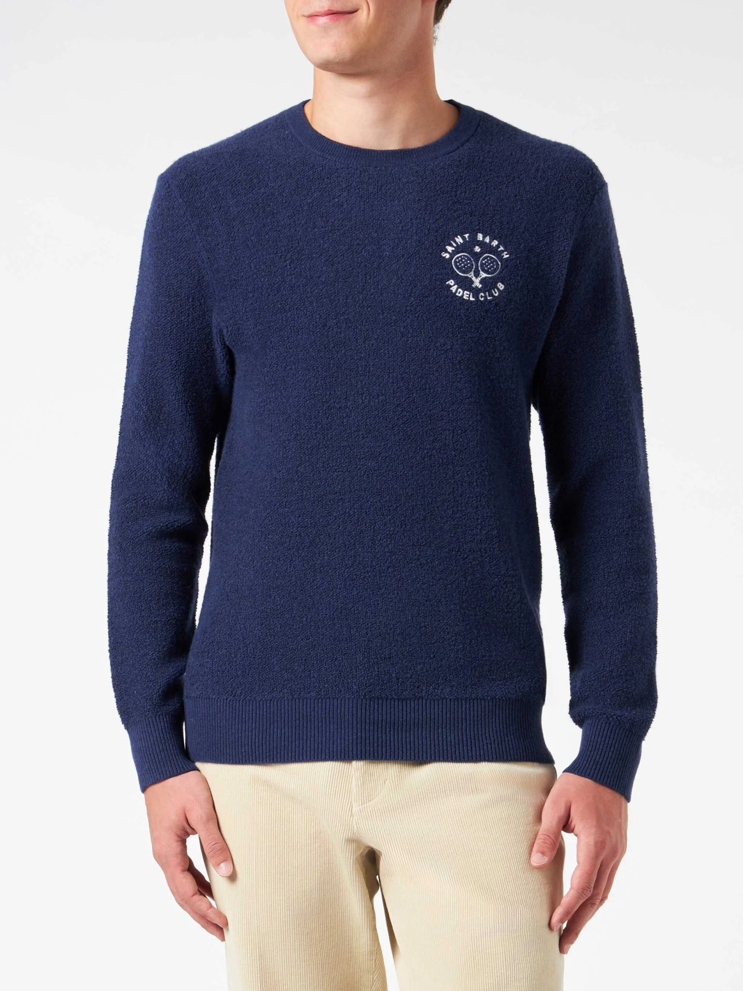 MC2 Saint Barth Man Crewneck Bluette Bouclé Sweater With Saint Barth Padel Club Embroidery 5 MC2 Saint Barth Man Crewneck Bluette Bouclé Sweater With Saint Barth Padel Club Embroidery - Image 3