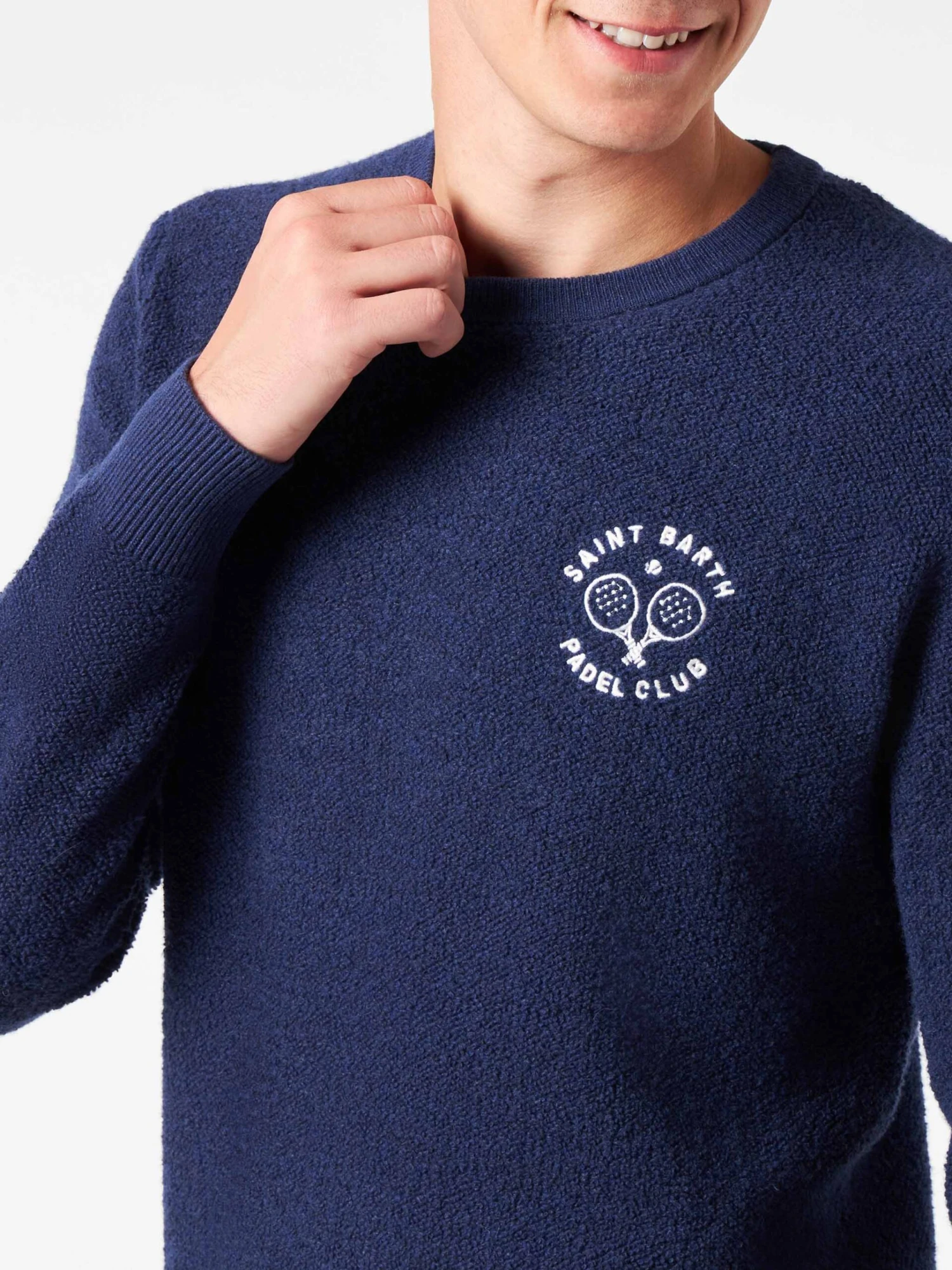 MC2 Saint Barth Man Crewneck Bluette Bouclé Sweater With Saint Barth Padel Club Embroidery 4 MC2 Saint Barth Man Crewneck Bluette Bouclé Sweater With Saint Barth Padel Club Embroidery - Image 2