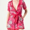 Red Short Jumpsuit With White Flower Print 1 Red Short Jumpsuit With White Flower Print -MC2 Saint Barth Shop satin flower short jumpsuit 1