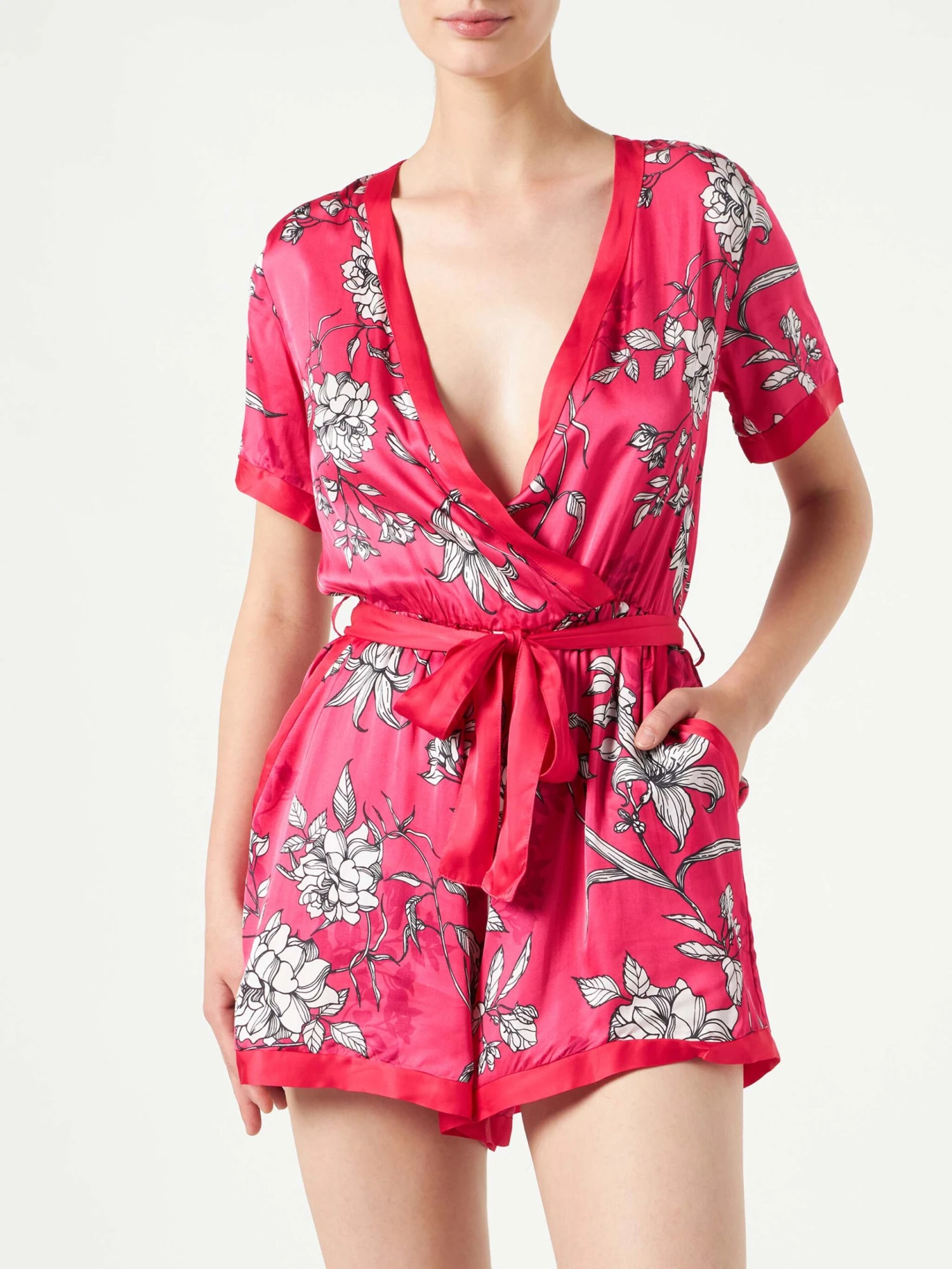 Red Short Jumpsuit With White Flower Print 3 Red Short Jumpsuit With White Flower Print