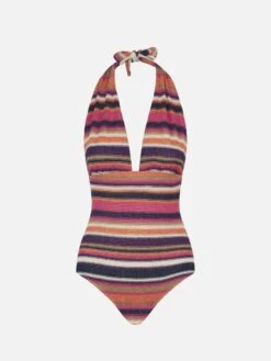 Multicolor Striped Violet Knitted Pattern One Piece