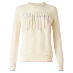 Woman Brushed Sweater With Saint Barth Fringed Embroidery -MC2 Saint Barth Shop sweater embroidery white fringes