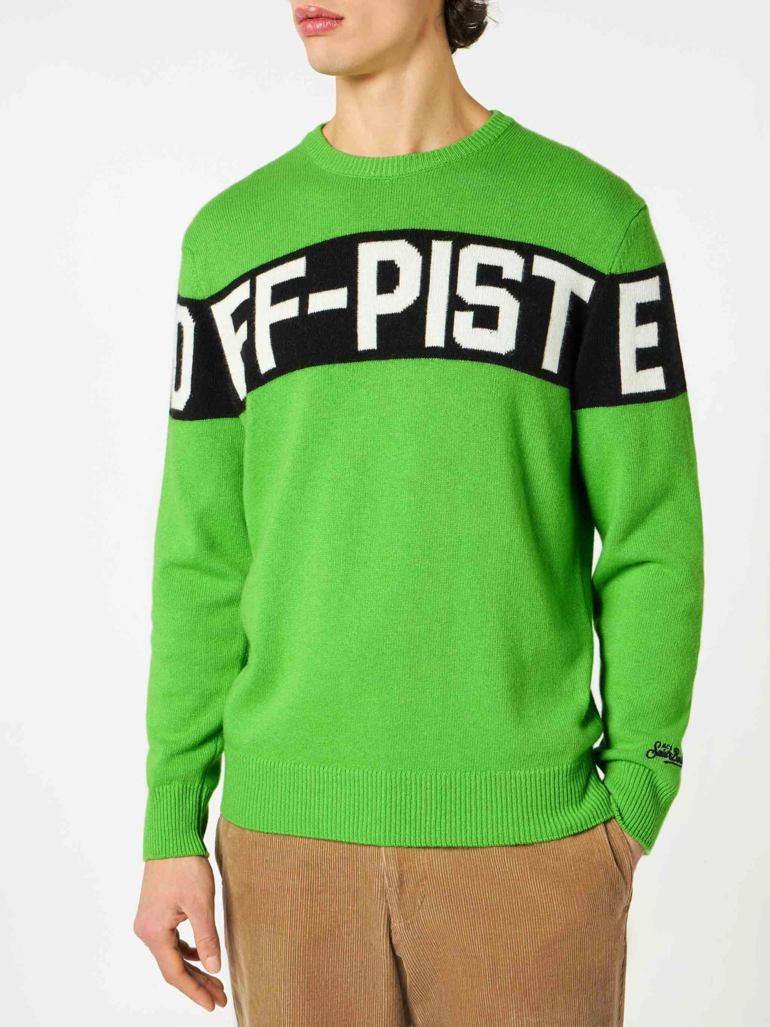 MC2 Saint Barth Man Fluo Green Sweater With Off-Piste Lettering 3 MC2 Saint Barth Man Fluo Green Sweater With Off-Piste Lettering