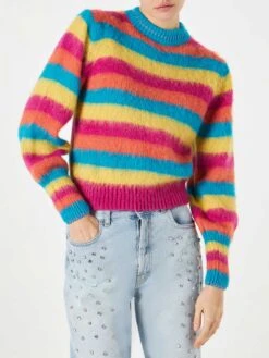 Brushed Knit Striped Sweater With Puff Sleeves