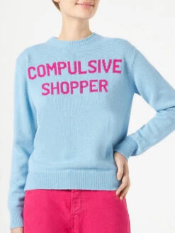 MC2 Saint Barth Woman Crewneck Light Blue Sweater With Compulsive Shopper Jacquard