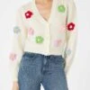 MC2 Saint Barth Woman Brushed Cropped Cardigan With Puff Sleeves -MC2 Saint Barth Shop woman cropped cardigan daisies 1
