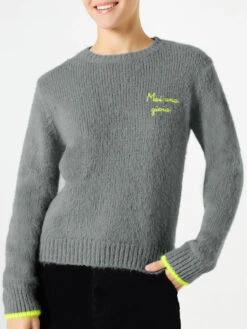MC2 Saint Barth Woman Grey Brushed Sweater With Mai Una Gioia Embroidery