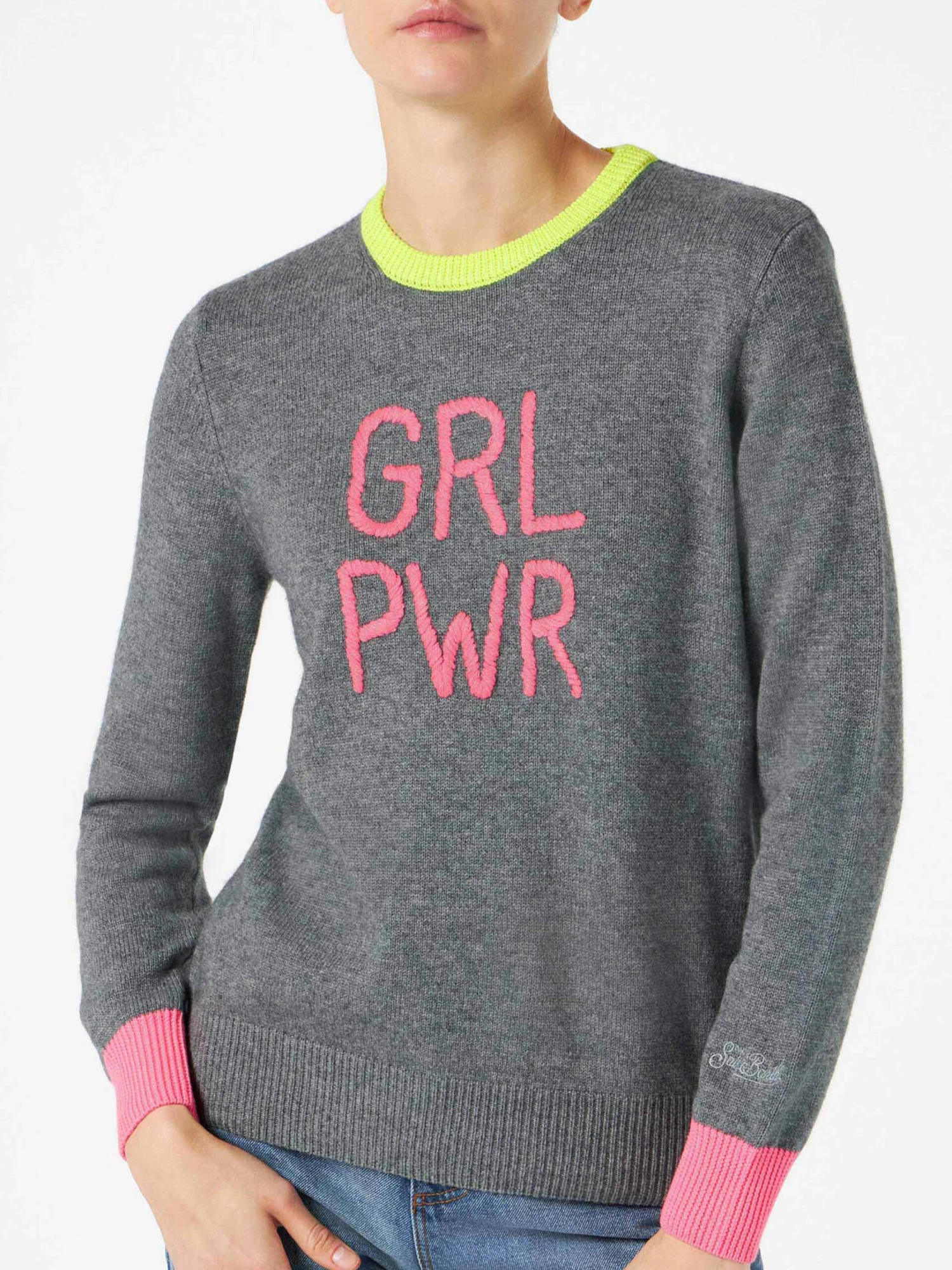 Woman Grey Sweater GIRL PWR Fluo Embroidery And Fluo Details 3 Woman Grey Sweater GIRL PWR Fluo Embroidery And Fluo Details