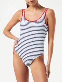 MC2 Saint Barth One Piece Swimsuit With Love St. Barth Embroidery -MC2 Saint Barth Shop woman onepiece stripes swimsuit 1