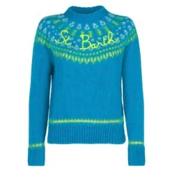MC2 Saint Barth Woman Light Blue Crewneck Nordic Jacquard Sweater -MC2 Saint Barth Shop woman sweater nordic turquoise 1