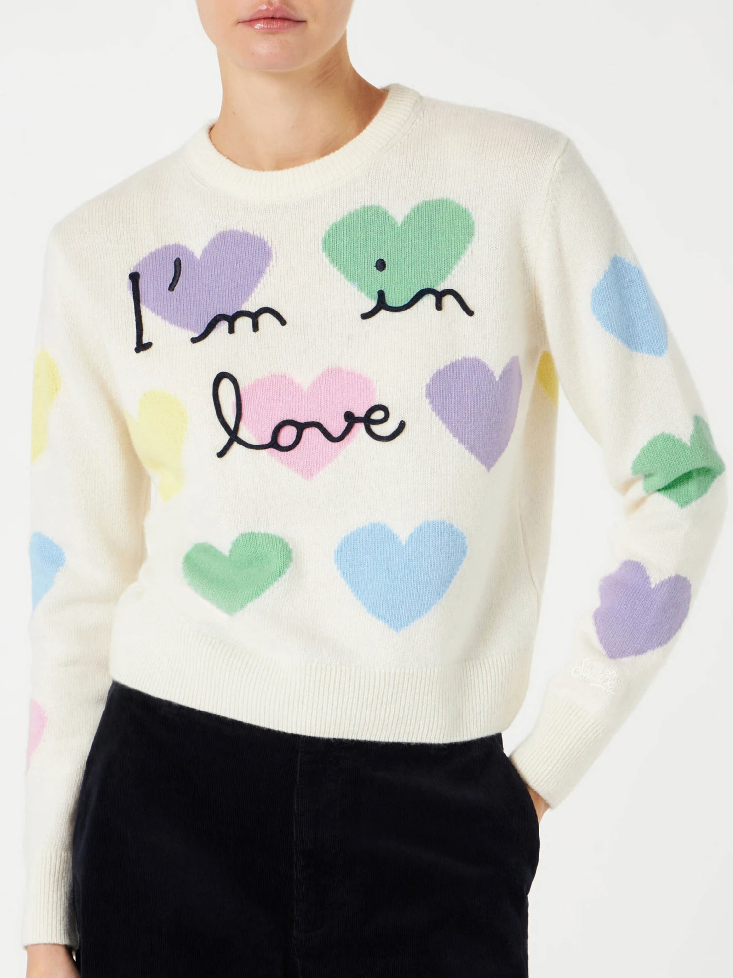 Woman Sweater With Hearts Print And I'm In Love Embroidery 3 Woman Sweater With Hearts Print And I'm In Love Embroidery