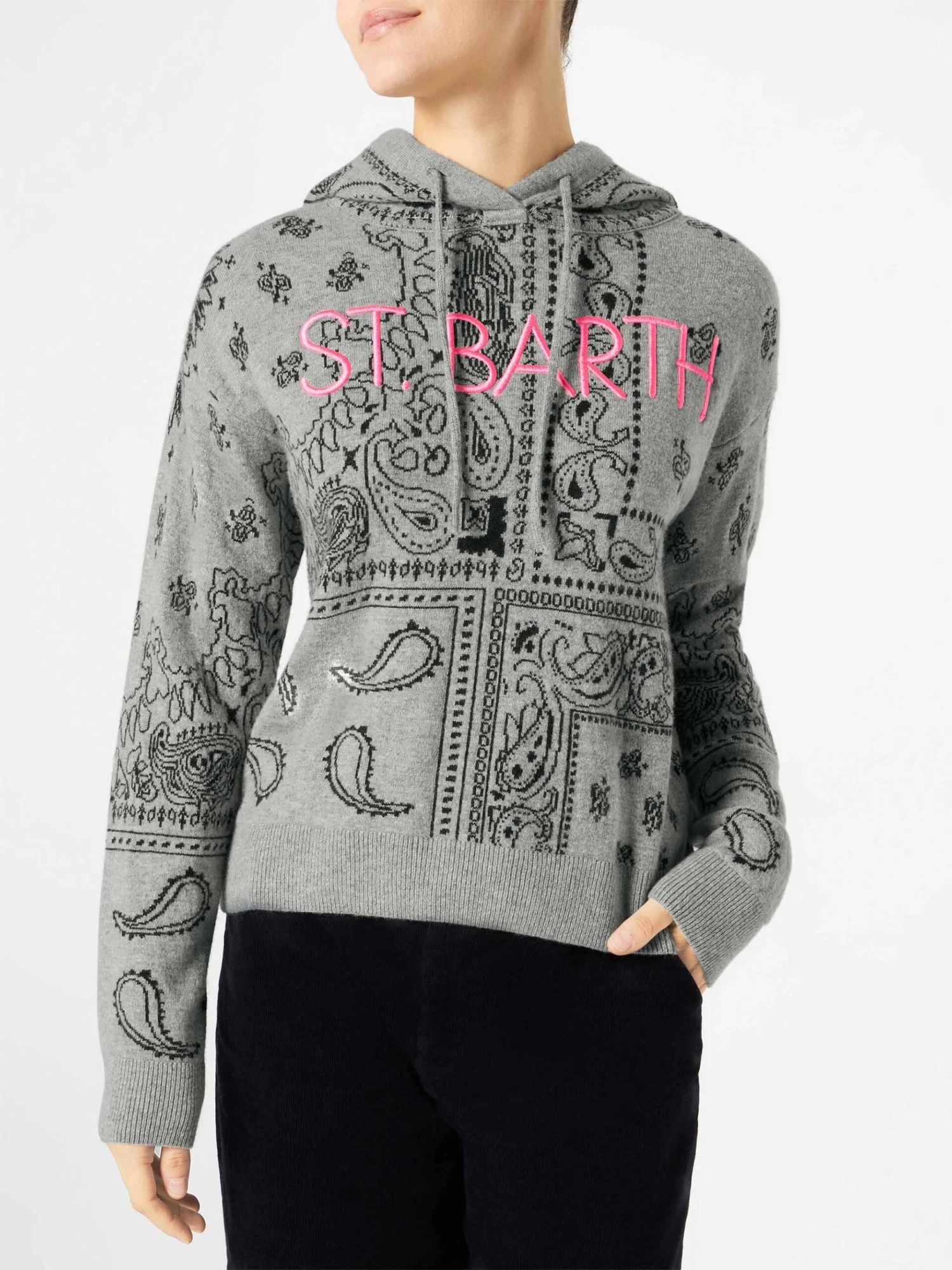 MC2 Saint Barth Woman Cropped Knit Hoodie With Bandanna Print