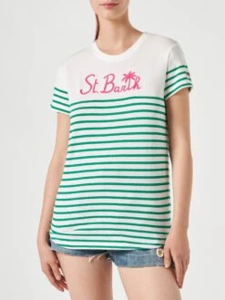 MC2 Saint Barth Green Striped Cotton T-shirt With St. Barth Embroidery