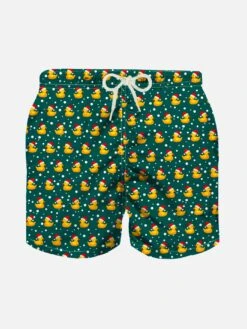 Boy Light Fabric Swim Shorts With Christmas Ducky Print