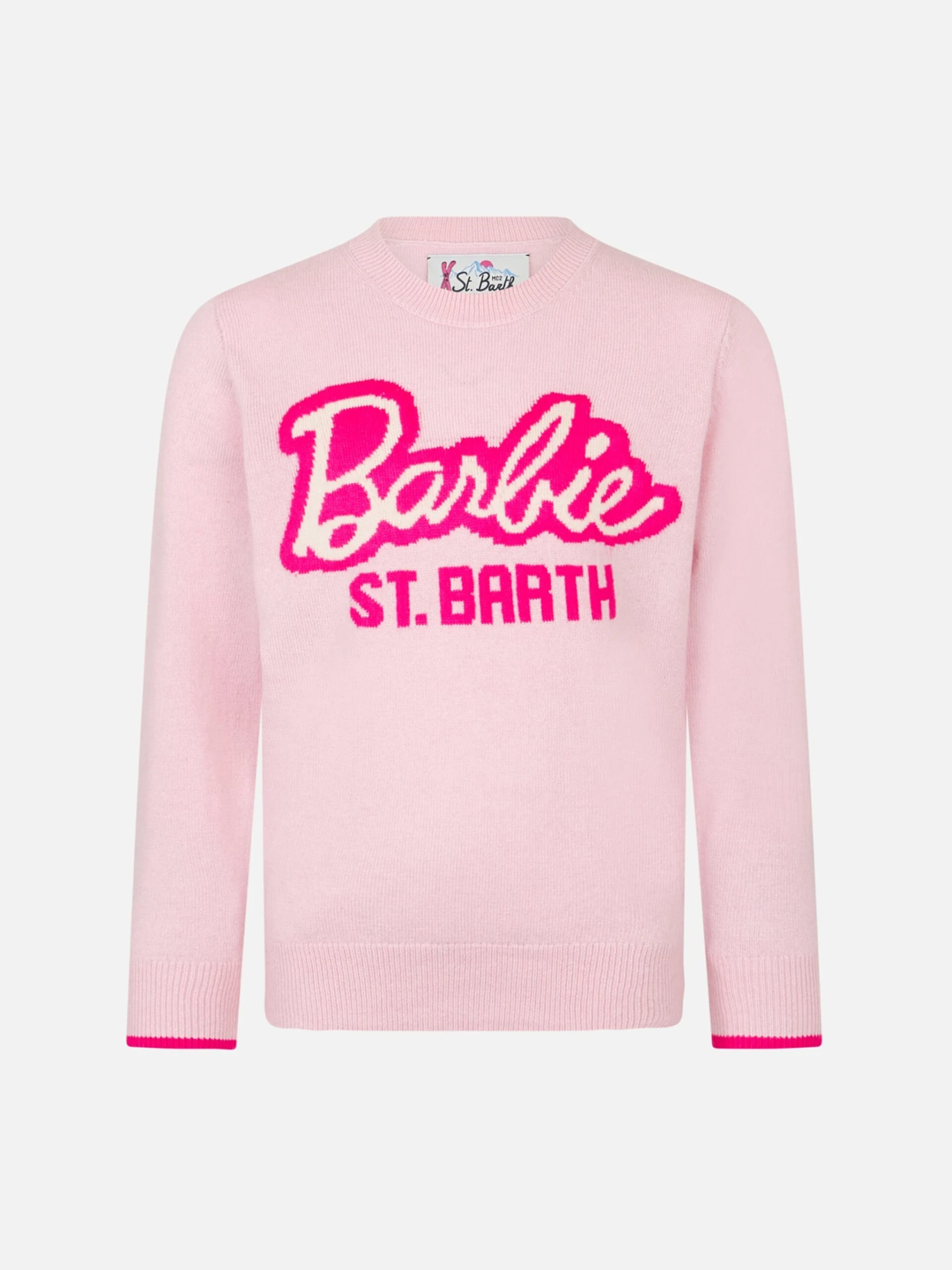 MC2 Saint Barth Girl Crewneck Pink Sweater With Barbie Logo Jacquard | BARBIE SPECIAL EDITION 3 MC2 Saint Barth Girl Crewneck Pink Sweater With Barbie Logo Jacquard | BARBIE SPECIAL EDITION