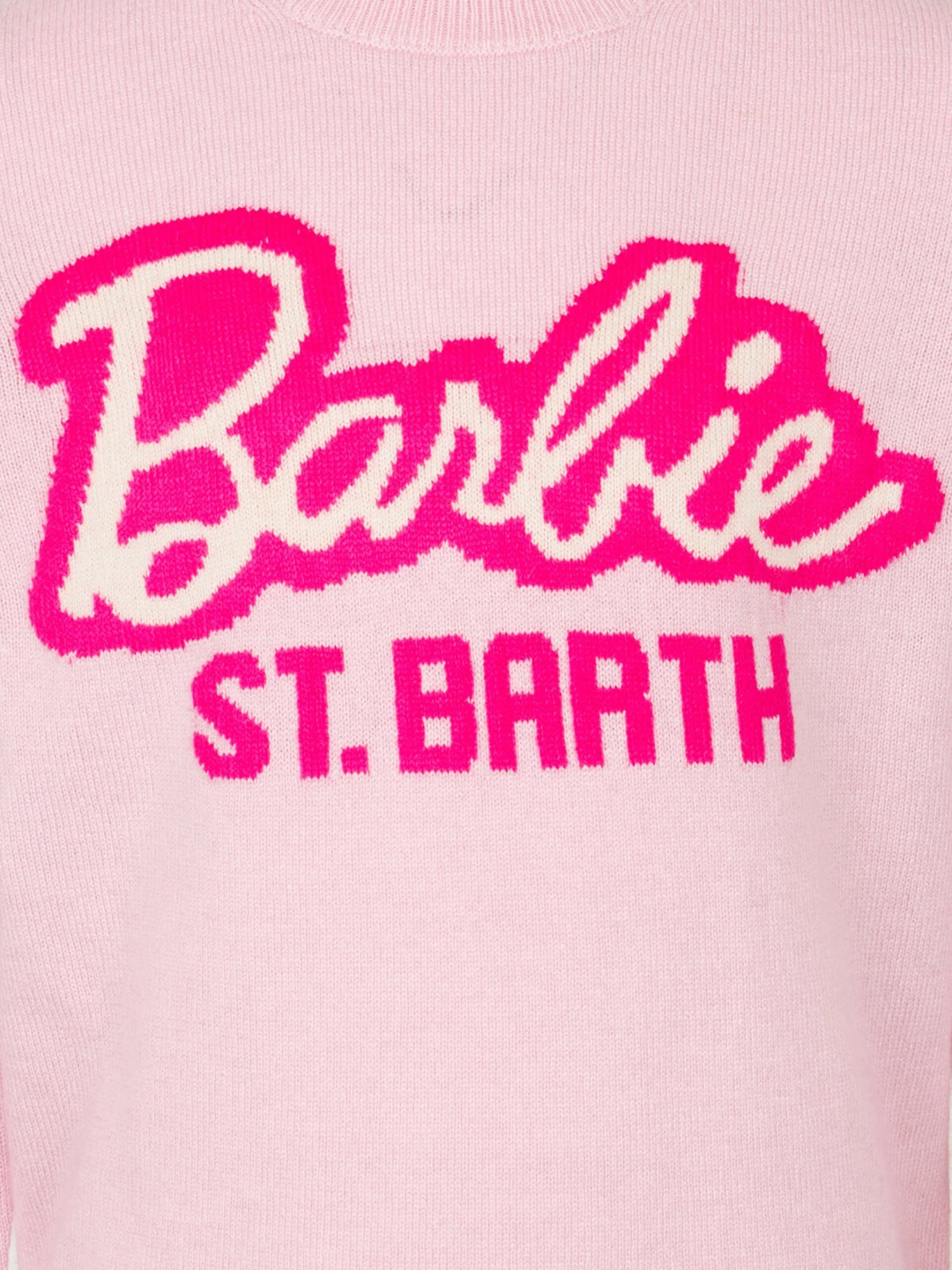 MC2 Saint Barth Girl Crewneck Pink Sweater With Barbie Logo Jacquard | BARBIE SPECIAL EDITION 4 MC2 Saint Barth Girl Crewneck Pink Sweater With Barbie Logo Jacquard | BARBIE SPECIAL EDITION - Image 2
