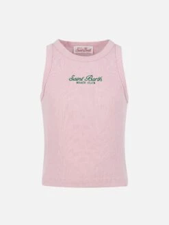 MC2 Saint Barth Blue Jr Pink Rib-knit Cotton Crop Tank With Embroidery