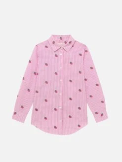 MC2 Saint Barth Mini Brigitte Pink Striped Seersucker Shirt With Strawberry Embroidery