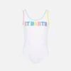 MC2 Saint Barth Cara White Ribbed One-piece Swimsuit With Multicolor Logo Patch
