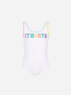 MC2 Saint Barth Cara White Ribbed One-piece Swimsuit With Multicolor Logo Patch