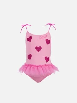 MC2 Saint Barth Dancer One-piece Swimsuit With Tulle Ruffle And Glittered Hearts