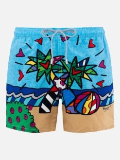 MC2 Saint Barth Man Mid-length Gustavia Swim-shorts With Britto Design Placed Print| ©BRITTO SPECIAL EDITION