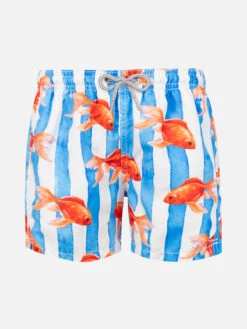 Boy Striped Swim Srunks With With Gold Fish Print