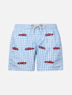 MC2 Saint Barth Boy Seersucker Swim-shorts Jean With Cars Embroidery
