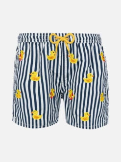 MC2 Saint Barth Boy Striped Swim Shorts With Embroidered Ducks