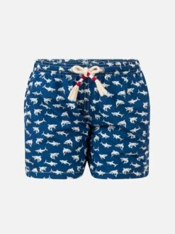 MC2 Saint Barth Boy Lightweight Fabric Swim-shorts Jean Lighting 70 With Sharks Print