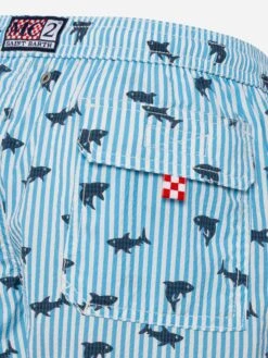 MC2 Saint Barth Patmos Jr Seersucker Striped Mid-length Swim Shorts With Shark Print -MC2 Saint Barth Shop UID PATM00201042H BOY SWIMSHORT SKY 03