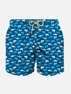 MC2 Saint Barth Boy Light Fabric Swim Shorts With Multicolor Sharks Print
