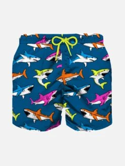 MC2 Saint Barth Boy Swim Shorts With Multicolor Sharks Print