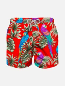 Boy Light Fabric Swim Shorts With Parrots Print
